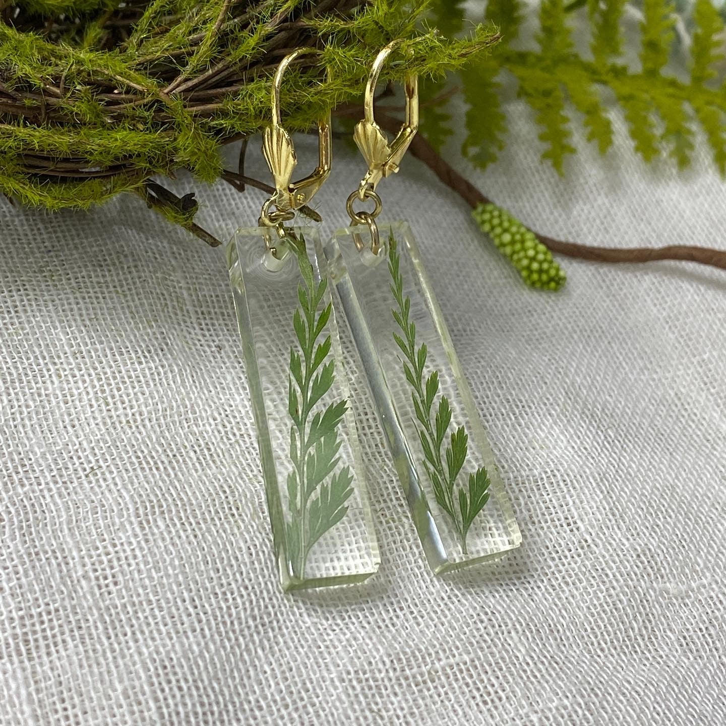 Delicate Resin Fern Earrings, Handmade Botanical Jewelry