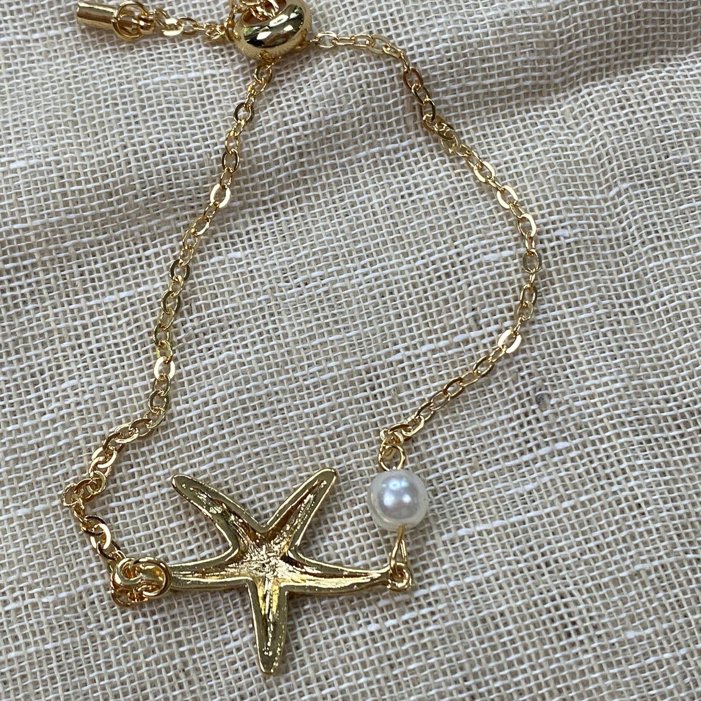 Starfish & Pearl Bracelet Rhinestone Gold Tone Adjustable Beach Wedding Nautical