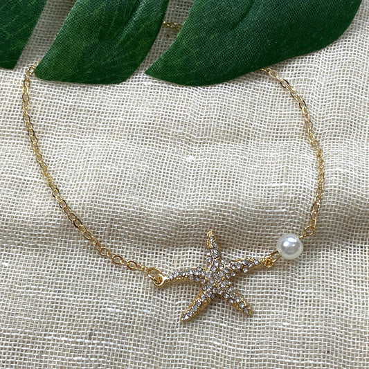 Starfish & Pearl Bracelet Rhinestone Gold Tone Adjustable Beach Wedding Nautical