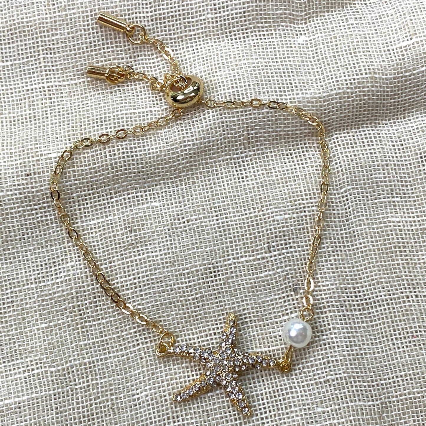 Starfish & Pearl Bracelet Rhinestone Gold Tone Adjustable Beach Wedding Nautical